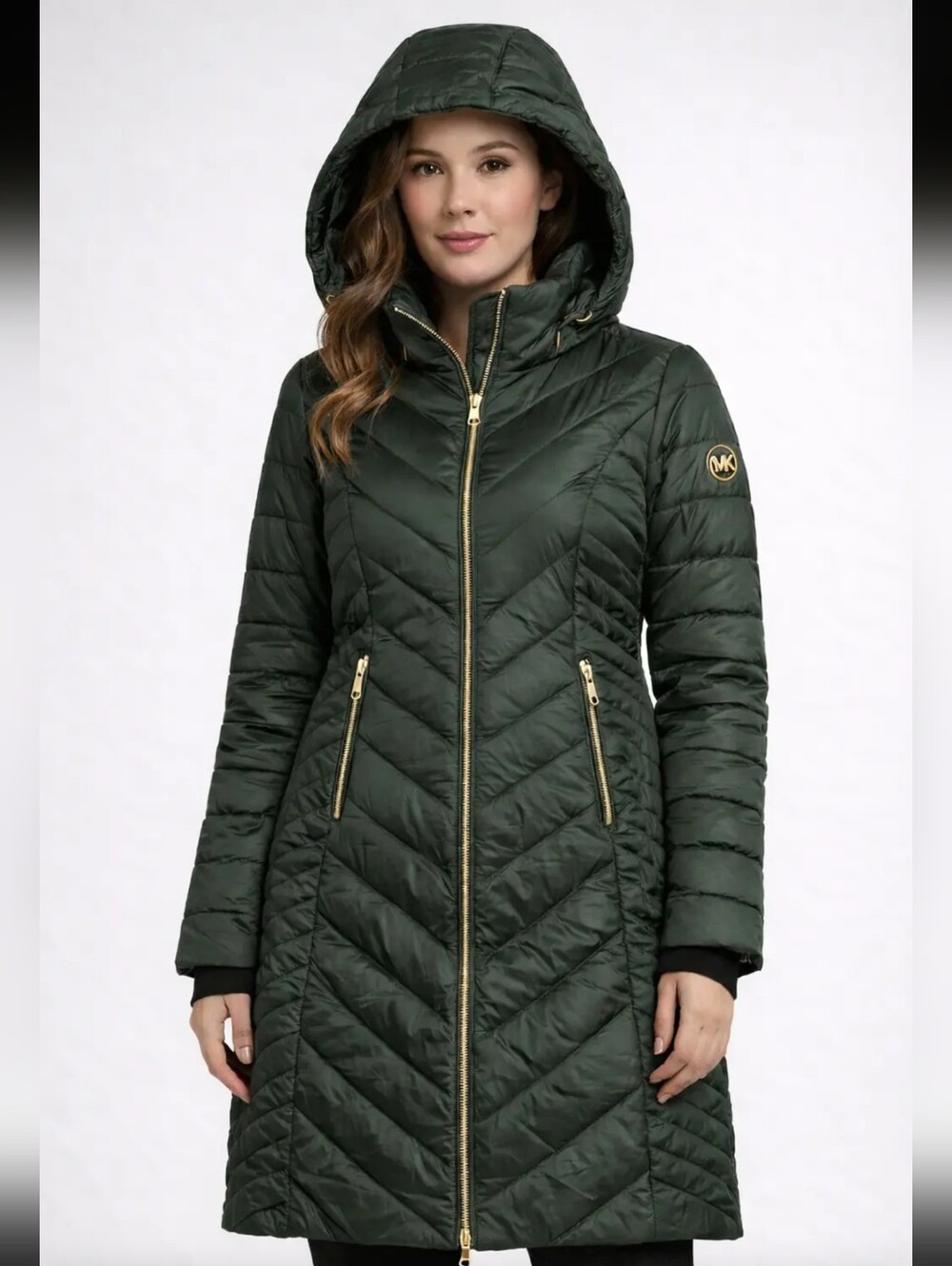 NWOT Michael Kors Women's Forest Green Packable Hooded Long Puffer Coat